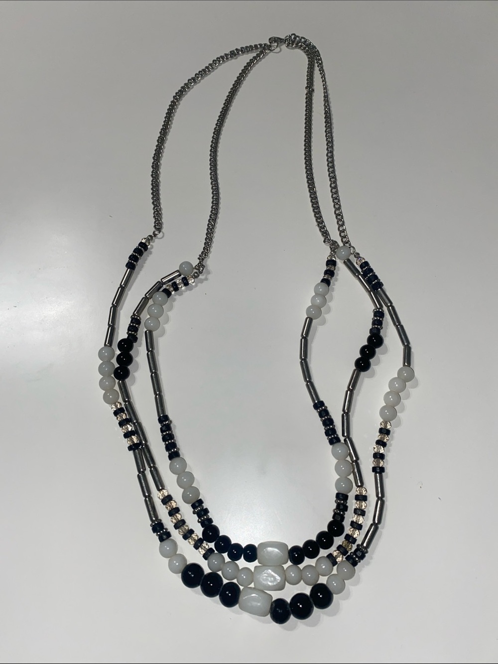 Multi-Strand Black & White Silver Beaded Necklace